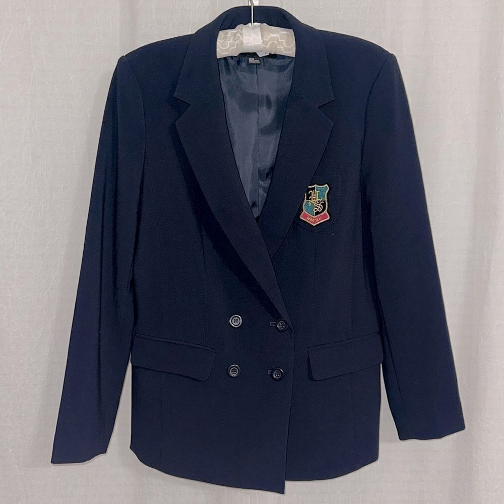 F21 M Navy Double Breasted High School Patch HS MM XII Blazer Jacket